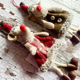 Pair of hanging mice in checked dresses