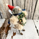 Festive Wool Mouse holding a wreath