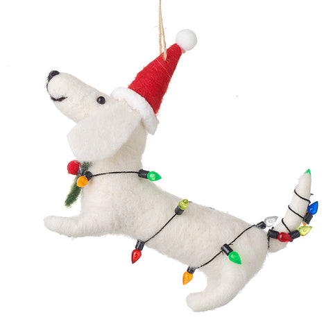 white dog in fairy lights