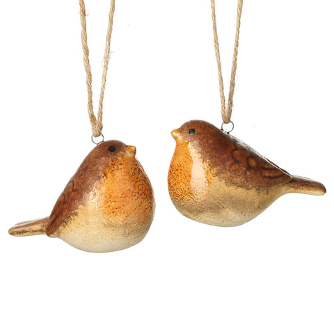 pair of two stoneware hanging robins